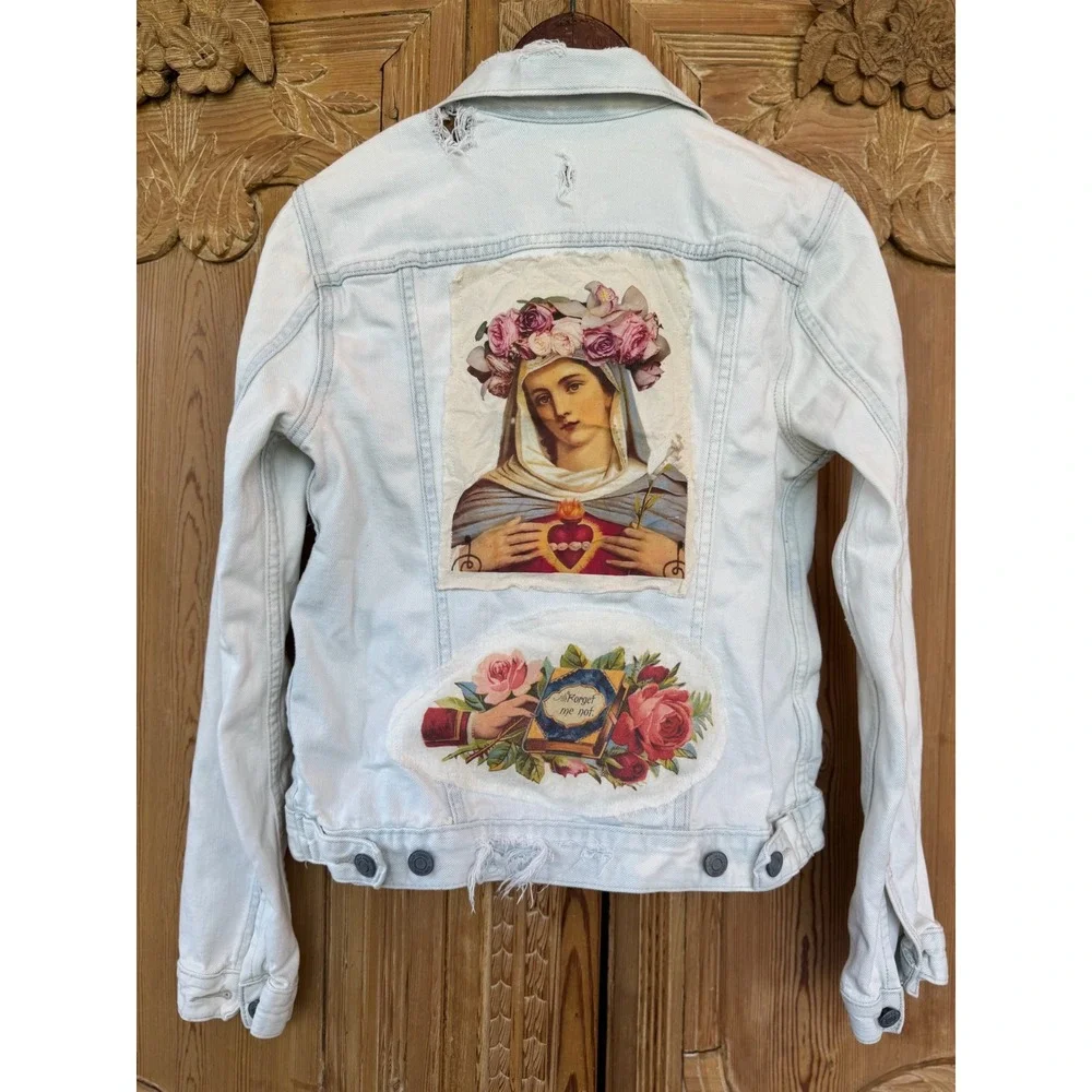 Upcycled‎ Light Blue Denim Jacket Sacred Heart Madonna Folk Art Boho Small
